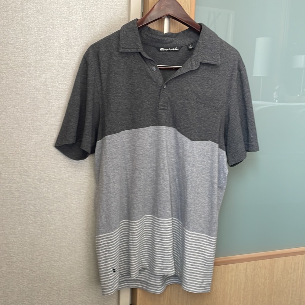Travis Mathew Gray Stripes Mens Polo Golf Shirt with Pocket